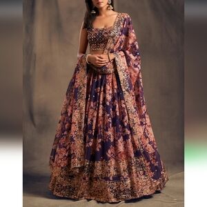 Purple Floral Organza Wedding Lehenga Choli